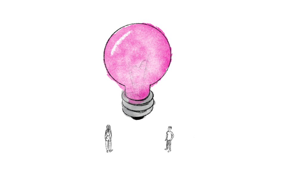 Zwei junge Menschen stehen auf der Illustration vor einer grossen Idee in Form einer Glühbirne.