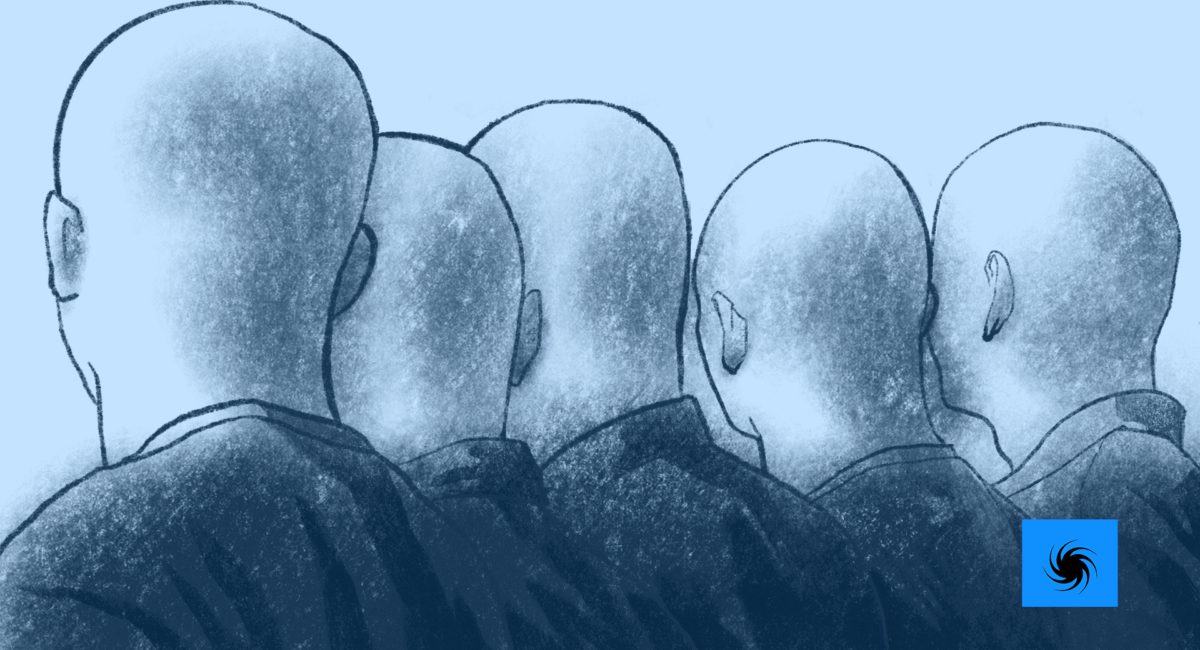 Fünf glatzköpfige Männer sind von hintern zu sehen. Sie tragen alle eine schwarze Bomberjacke. Das Bild ist eine Belistiftillustration.