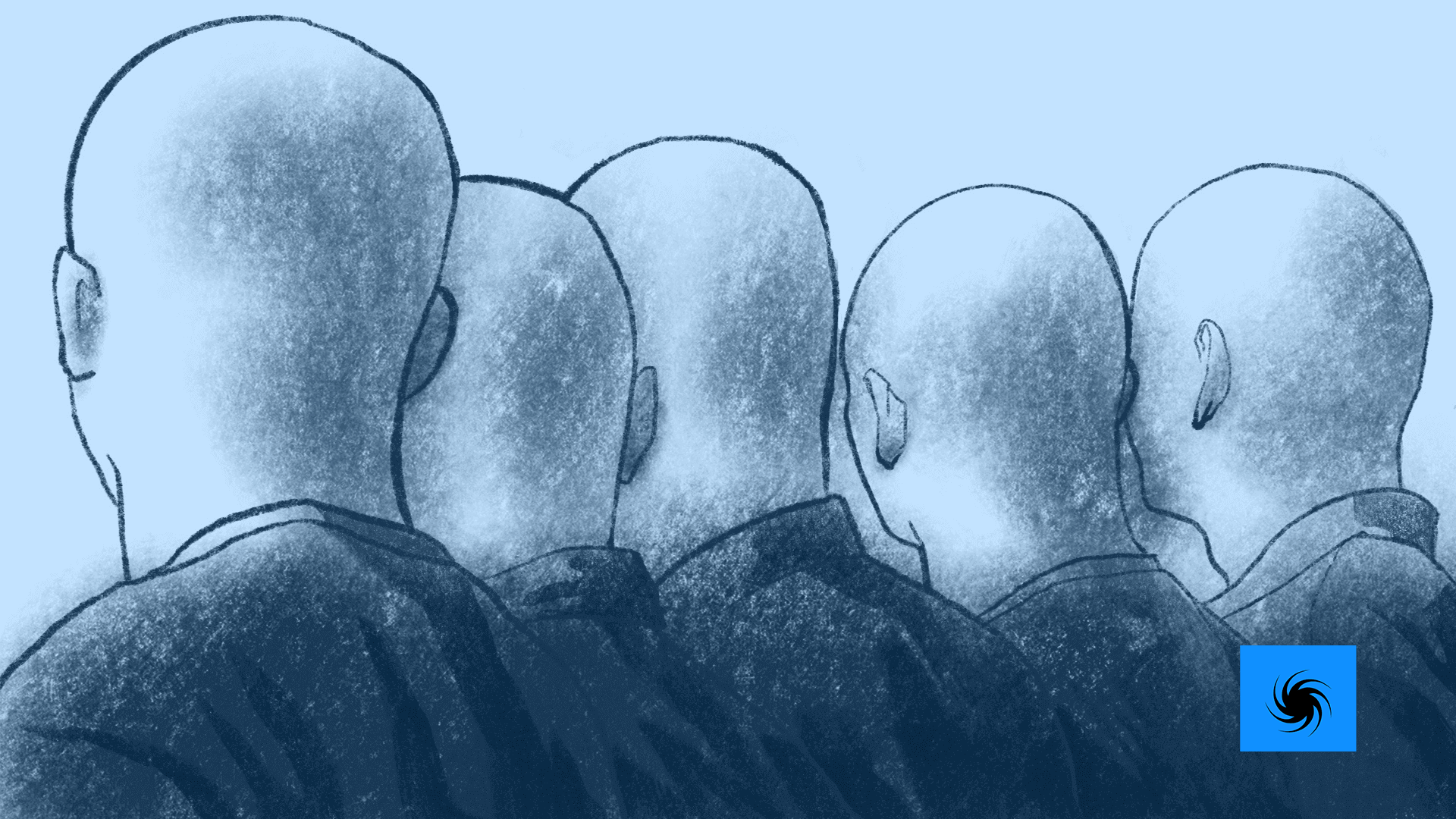 Fünf glatzköpfige Männer sind von hintern zu sehen. Sie tragen alle eine schwarze Bomberjacke. Das Bild ist eine Belistiftillustration.
