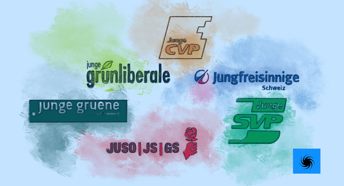 Die illustrierten Logos der Jungparteien der Schweiz: Jungfreisinnige, JUSO, Junge Grüne, Junge CVP, Junge Grünliberale und Junge SVP.