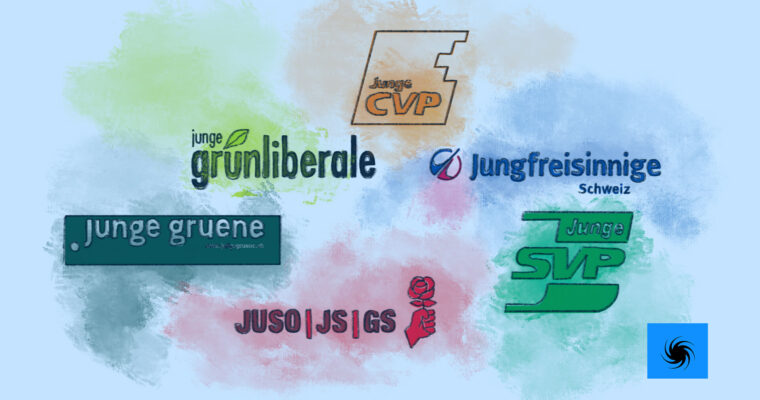 Die illustrierten Logos der Jungparteien der Schweiz: Jungfreisinnige, JUSO, Junge Grüne, Junge CVP, Junge Grünliberale und Junge SVP.