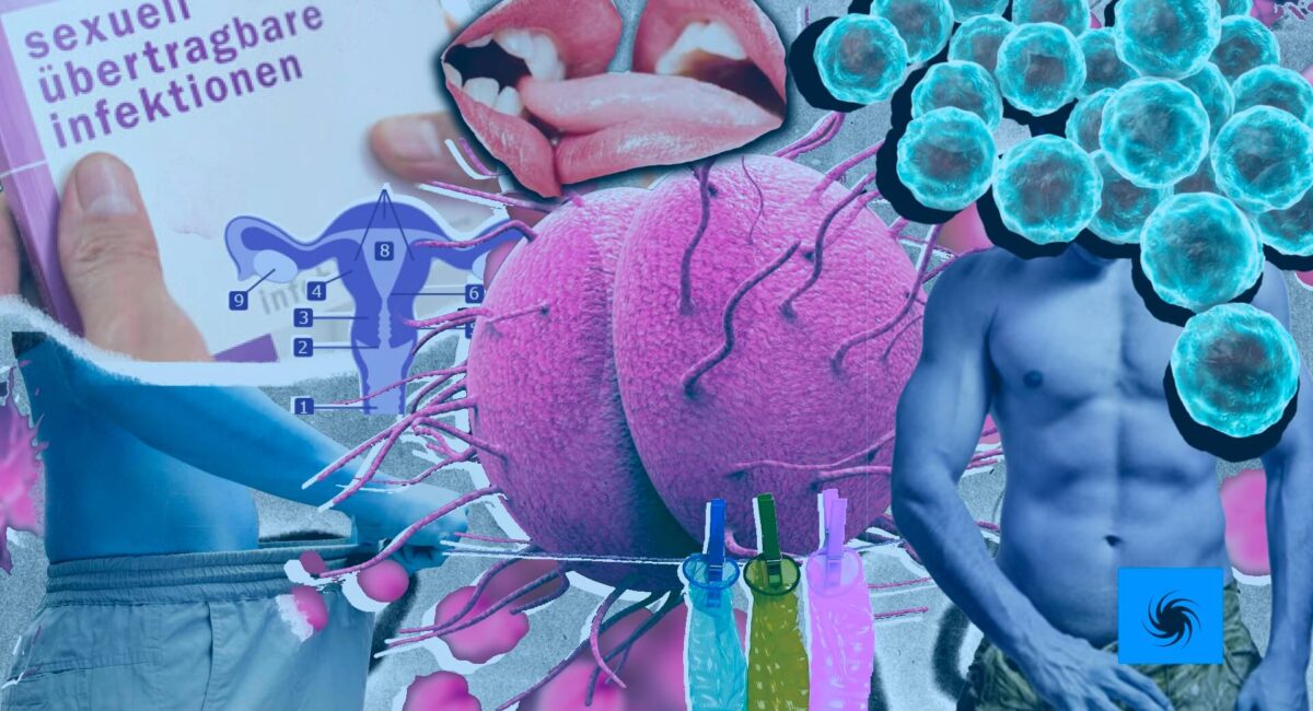 Collage mit diversen Elementen zum Thema sexuell übertragbare Krankheiten.